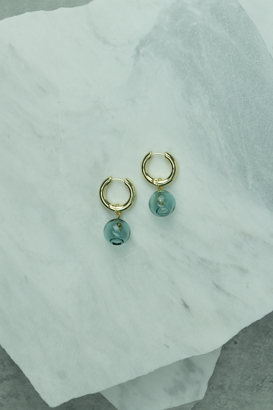 Chunky Hoop with Blackish Green Glass Earrings