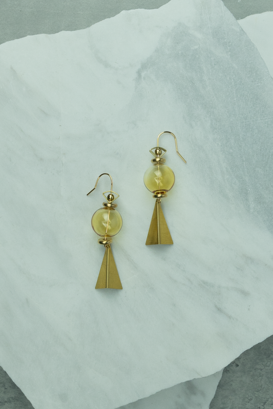 Origami Triangle with Yellow Glass Earrings
