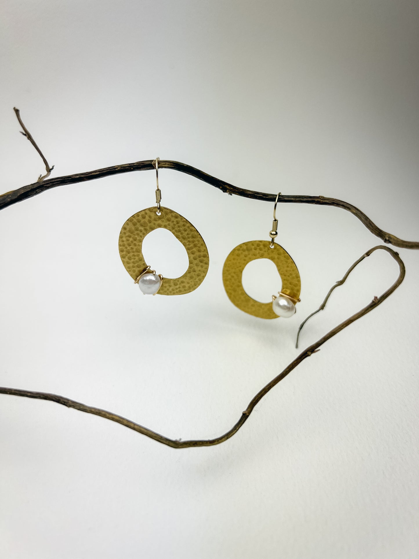 Hammered Circle Earrings with Pearl Wrapped