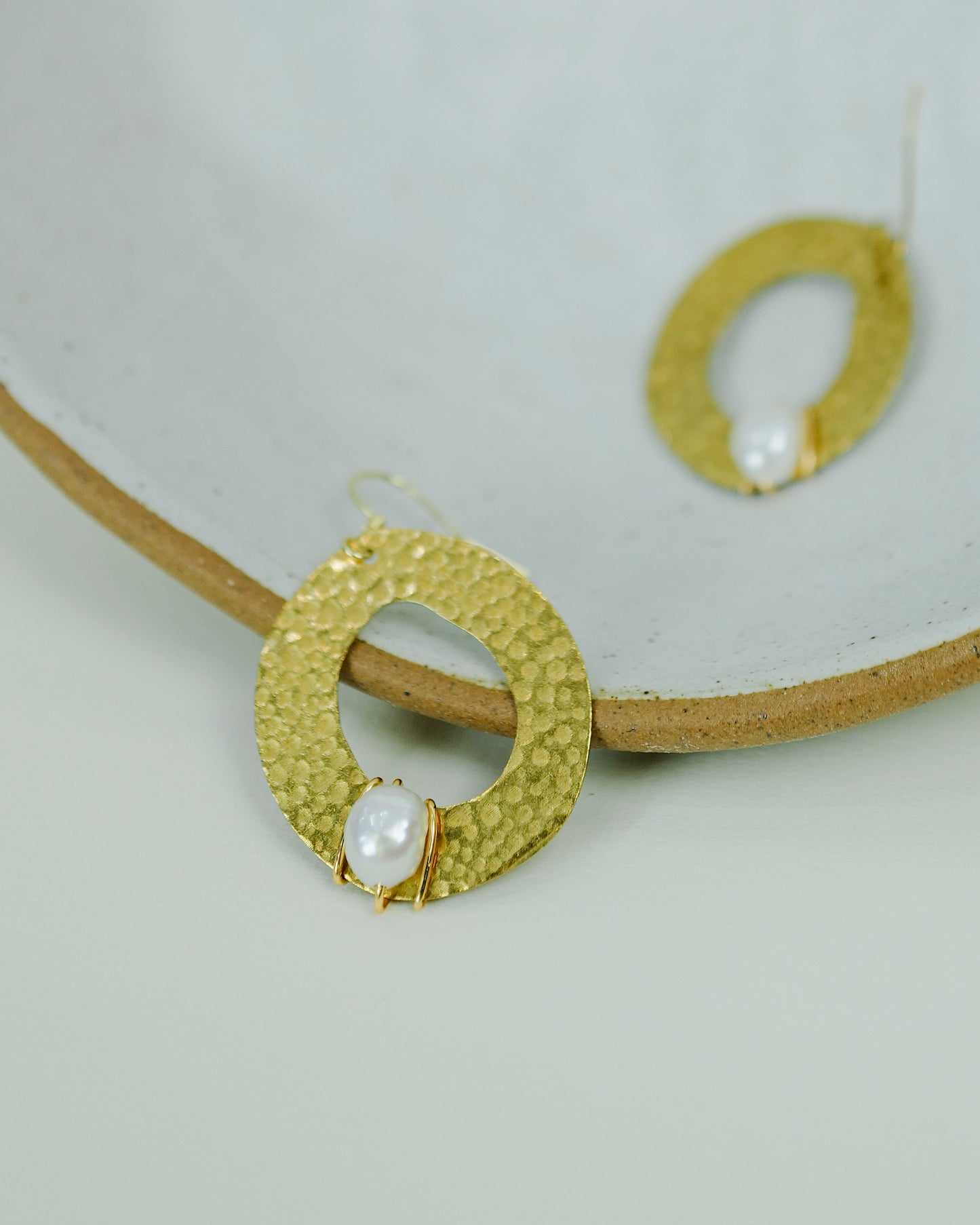 Hammered Circle Earrings with Pearl Wrapped