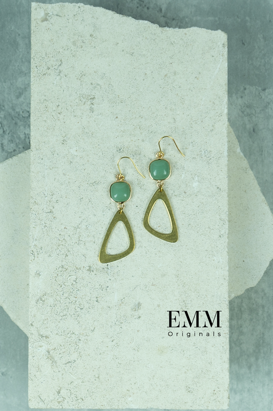 Hollow Triangle with Green Gemstone Earrings